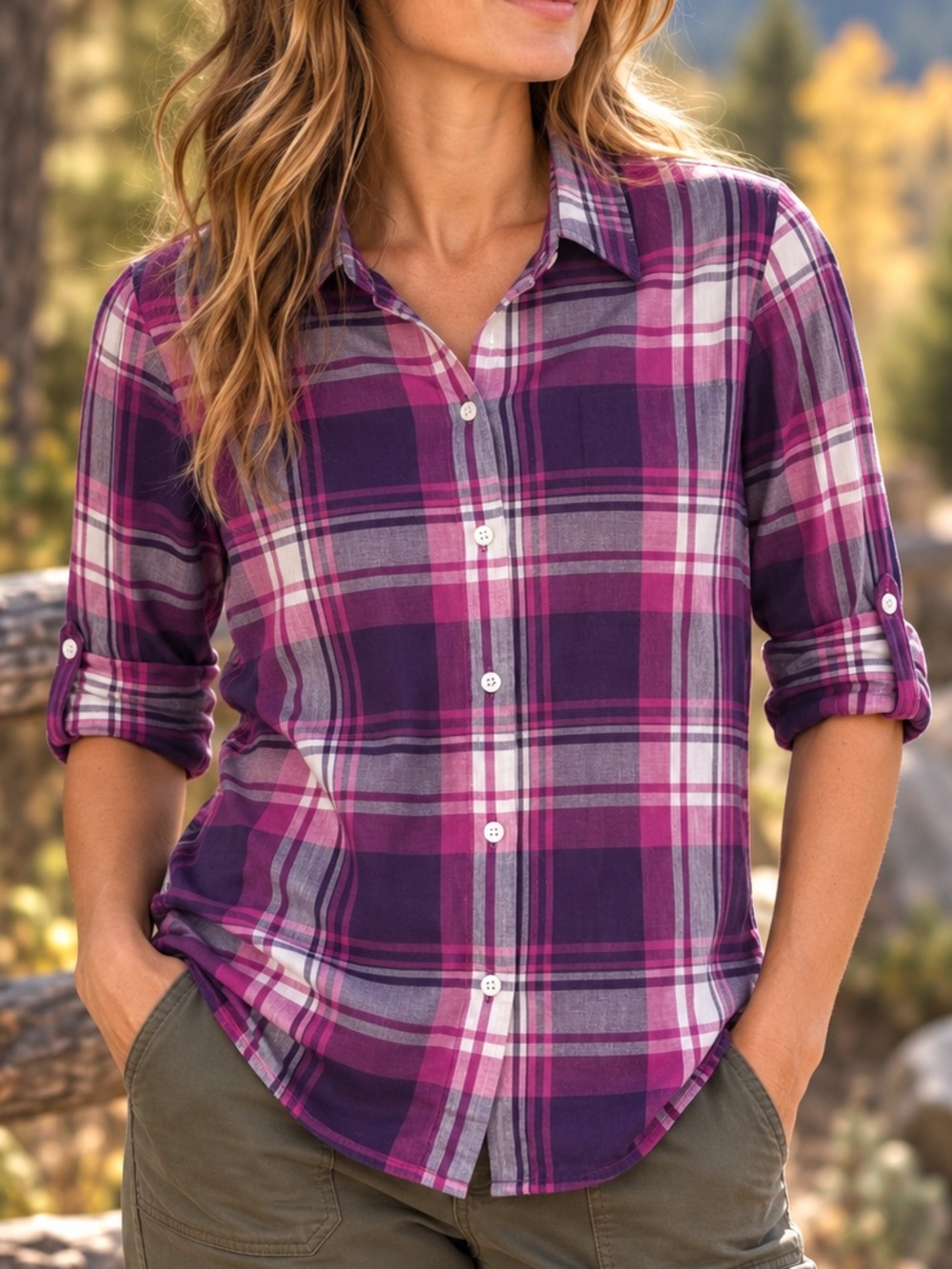 Prana Sz S Purple Plaid Button Down Shirt Roll Tab Sleeve Fall Outdoor Gorpcore